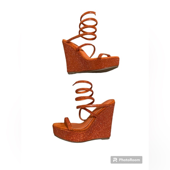 NIB AZALEA WANG COSMO ORANGE PLATFORM WEDGE SANDAL. Size 7.5M. - Picture 5 of 11